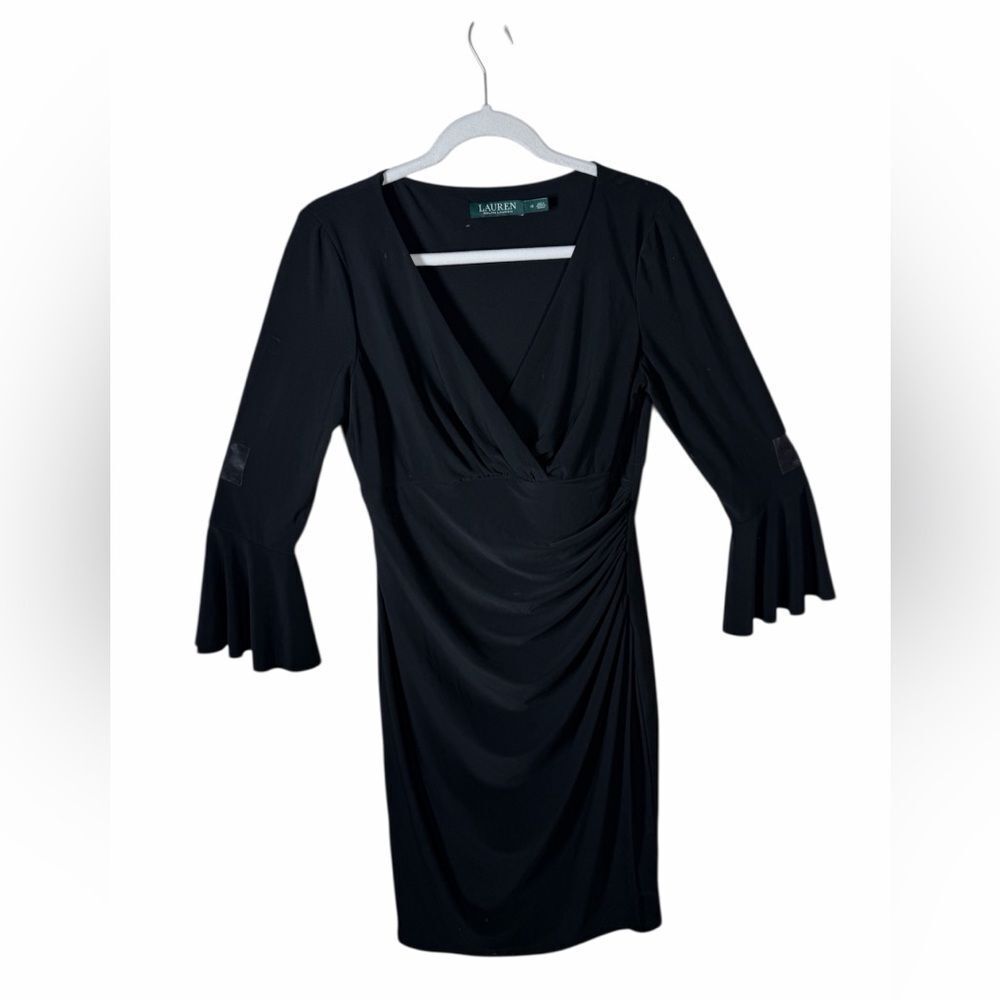 Lauren Ralph Lauren Black V-Neck Ruched Midi Dress with Bell Sleeves